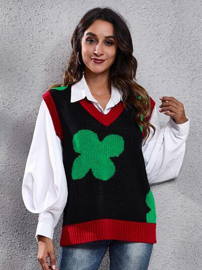 Four Leaf Clover V-Neck Sweater Vest - Trendsi