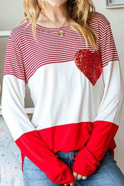 Striped Heart Sequin Long Sleeve T-Shirt - Trendsi - Flyclothing LLC