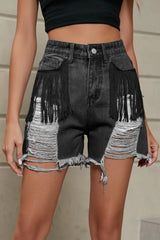Fringe Trim Distressed Denim Shorts with Pockets - Trendsi - Flyclothing LLC