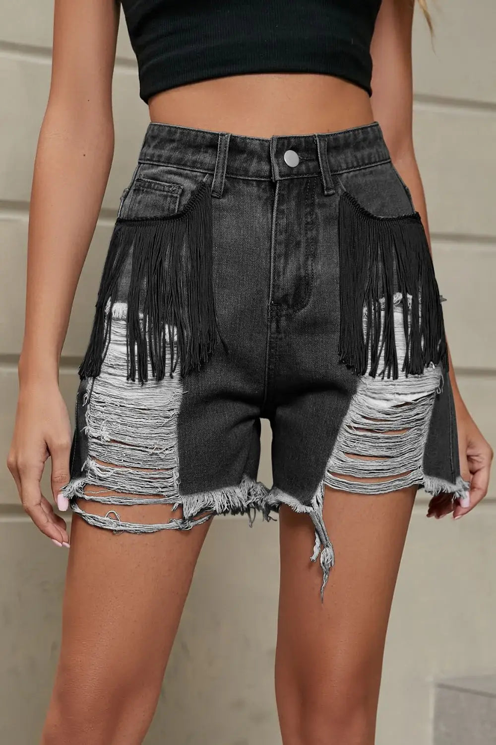 Fringe Trim Distressed Denim Shorts with Pockets - Trendsi - Flyclothing LLC