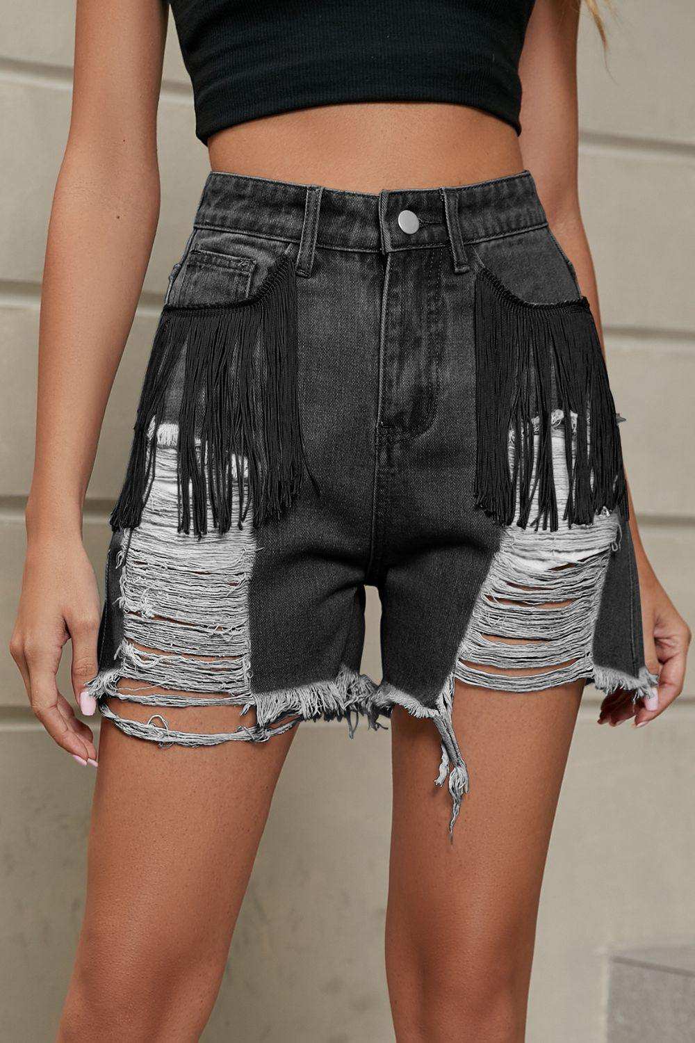 Fringe Trim Distressed Denim Shorts with Pockets - Trendsi - Flyclothing LLC