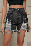 Fringe Trim Distressed Denim Shorts with Pockets - Trendsi - Flyclothing LLC