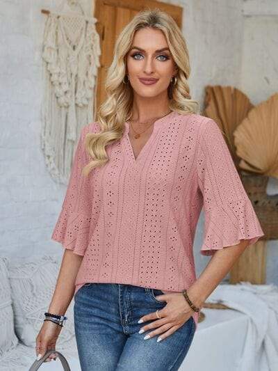 Eyelet Notched Half Sleeve T-Shirt - Trendsi - Flyclothing LLC