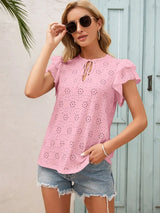 Eyelet Tie Neck Flutter Sleeve Blouse - Trendsi - Flyclothing LLC