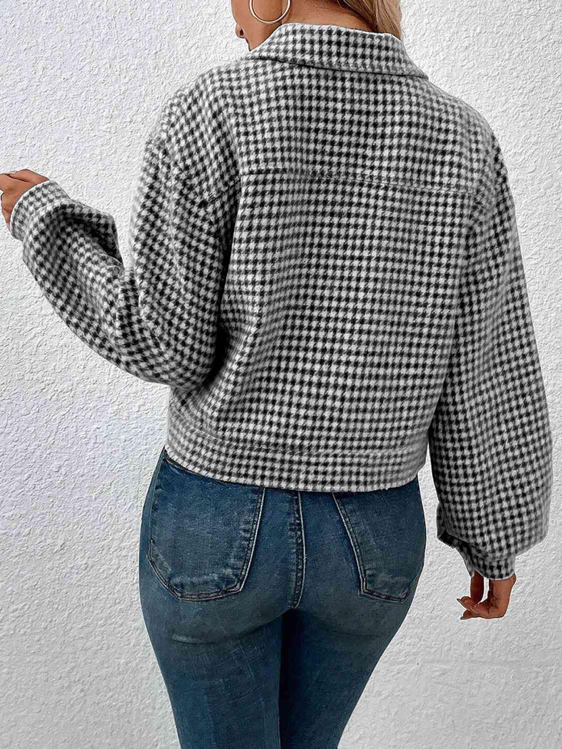 Houndstooth Collared Neck Button Up Jacket - Trendsi