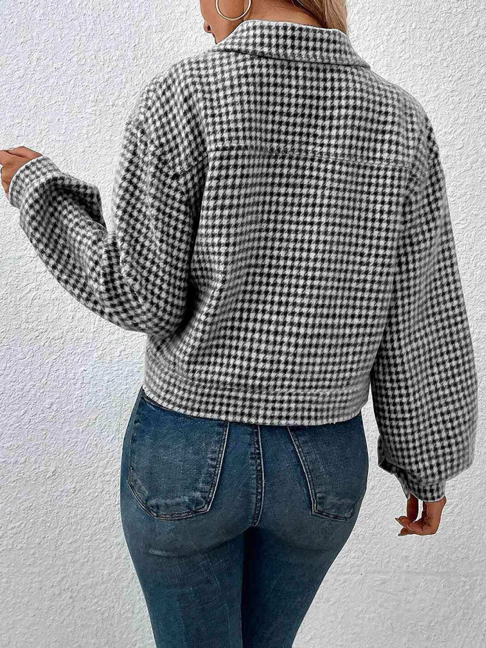 Houndstooth Collared Neck Button Up Jacket - Trendsi - Flyclothing LLC