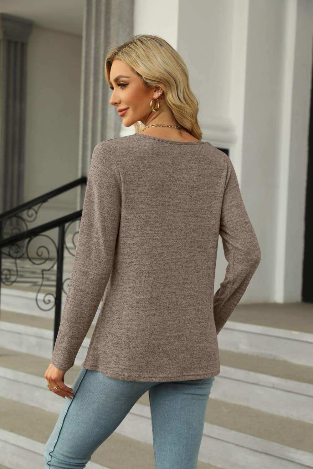 Square Neck Long Sleeve Slit T-Shirt - Trendsi - Flyclothing LLC