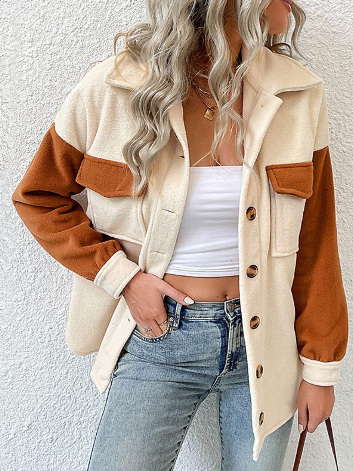 Contrast Button-Up Fleece Jacket - Trendsi