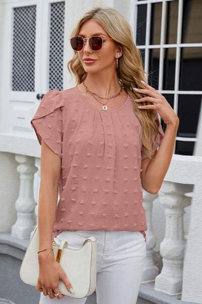 Swiss Dot Round Neck Short Sleeve T-Shirt - Trendsi - Flyclothing LLC