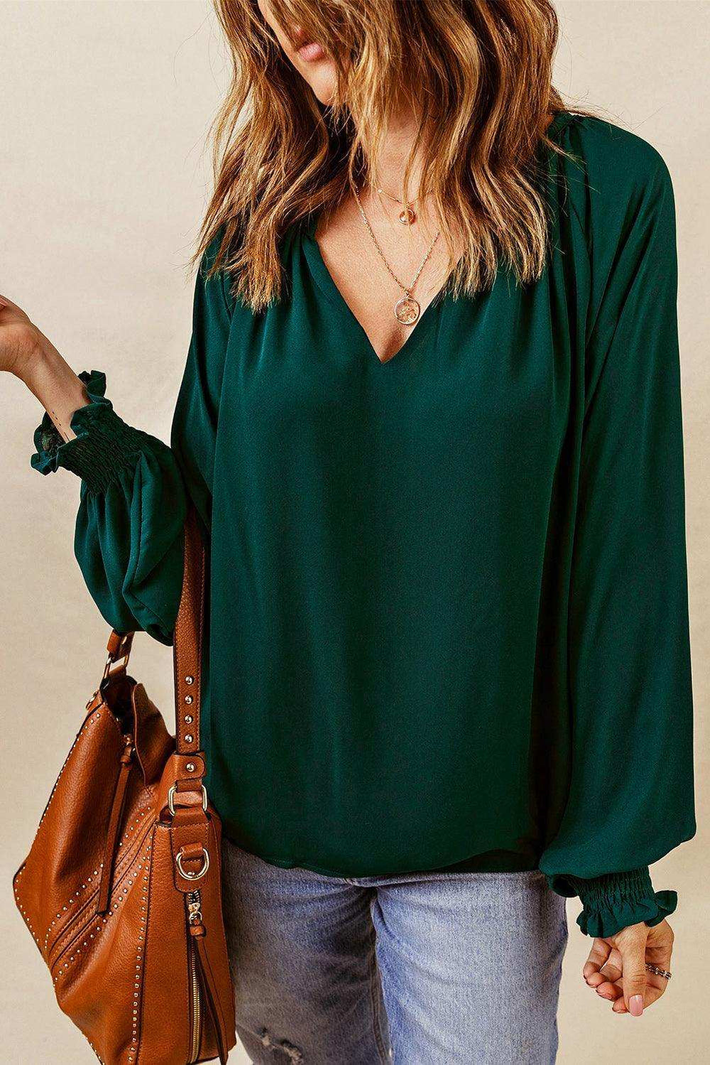 Notched Neck Lantern Sleeve Blouse - Trendsi - Flyclothing LLC