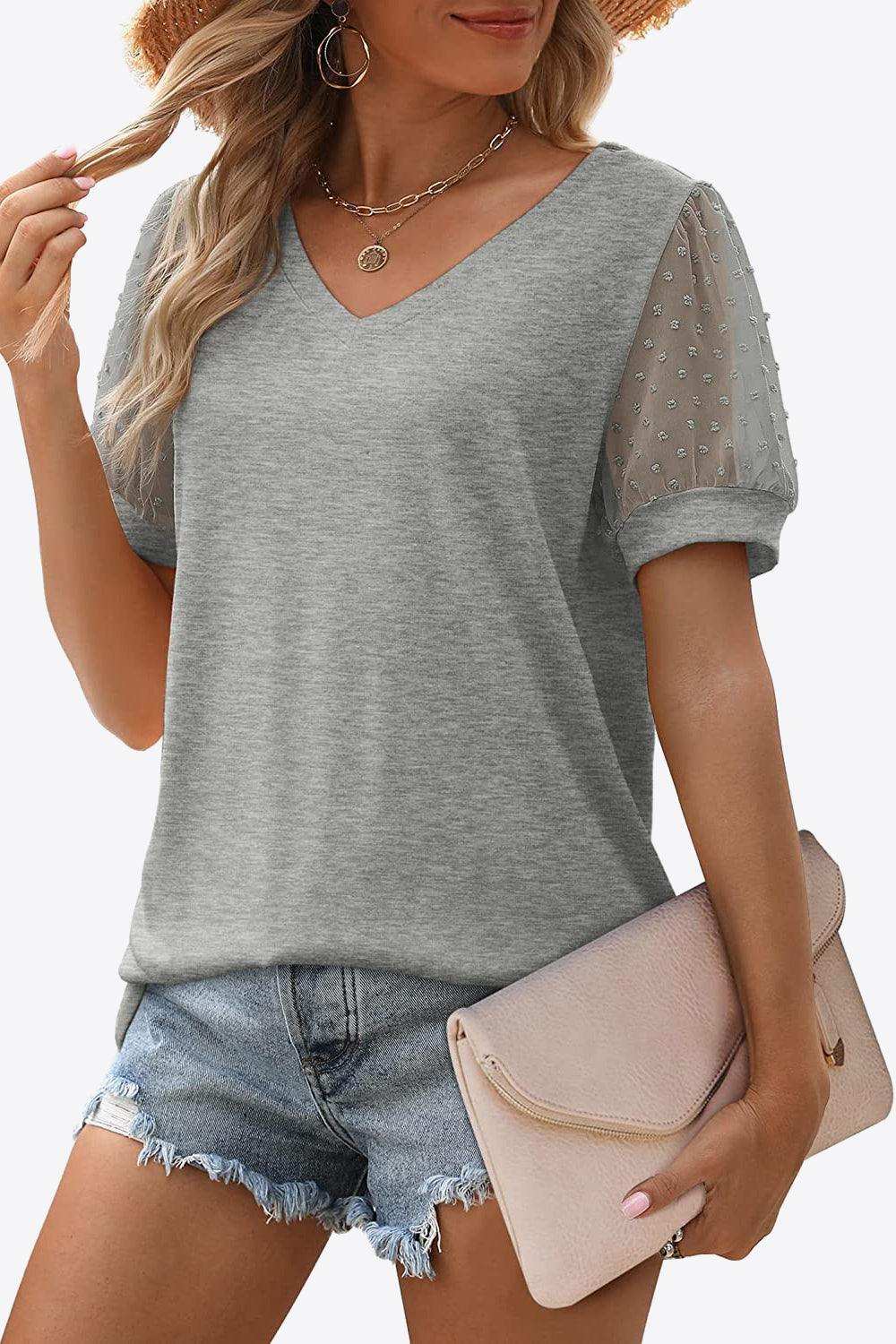 Swiss Dot Puff Sleeve V-Neck Tee - Trendsi - Flyclothing LLC