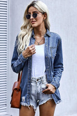 Distressed Snap Down Denim Jacket - Trendsi