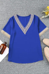 Contrast V-Neck Blouse - Trendsi - Flyclothing LLC