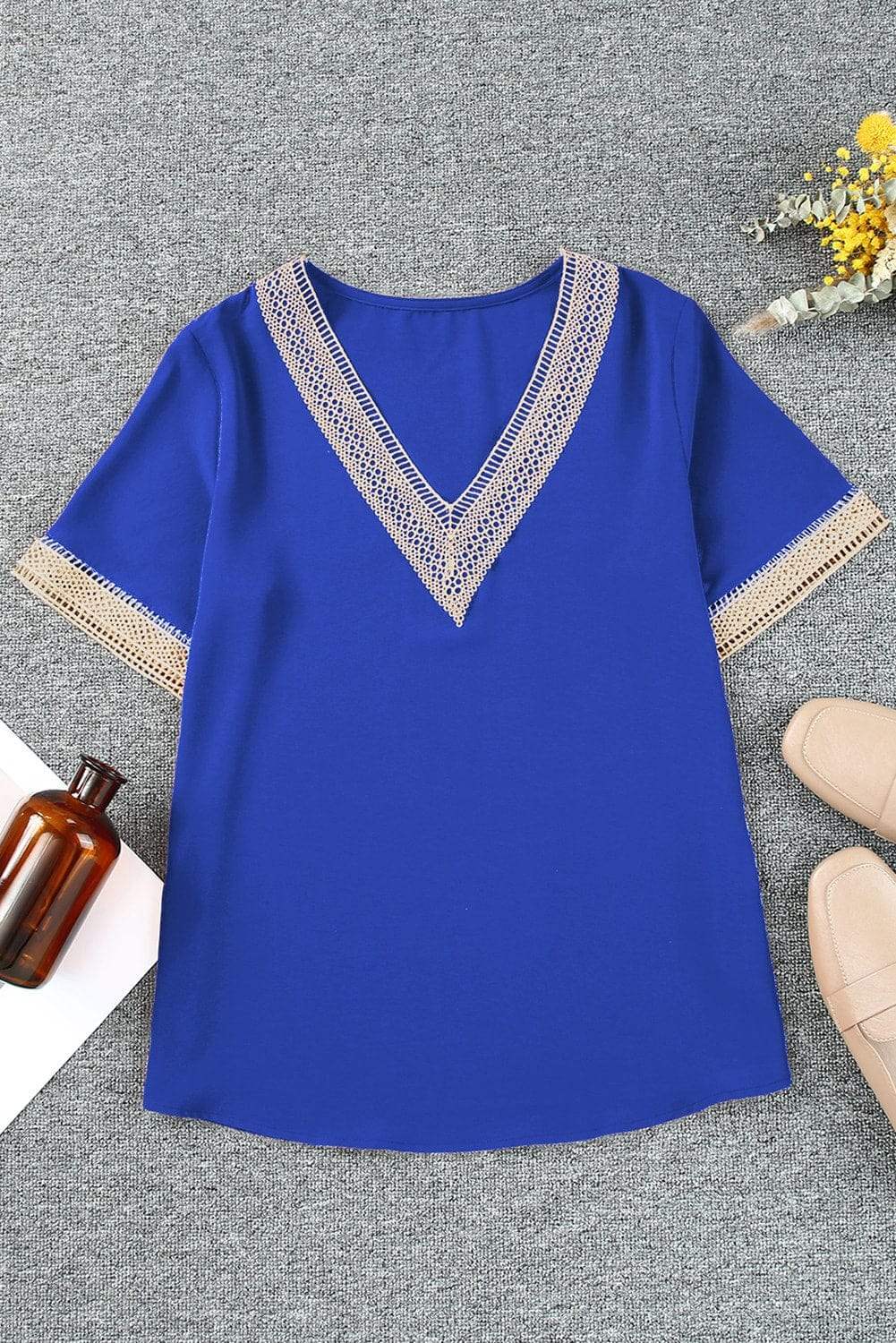 Contrast V-Neck Blouse - Trendsi - Flyclothing LLC