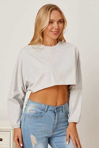 Round Neck Dropped Shoulder Cropped Sweatshirt - Trendsi - Flyclothing LLC