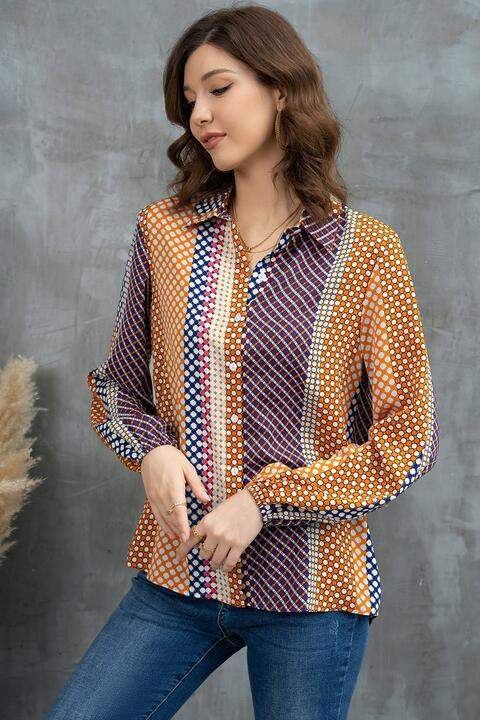 Printed Collared Neck Long Sleeve Shirt - Trendsi - Flyclothing LLC