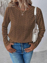 Eyelet Round Neck Long Sleeve Top - Trendsi