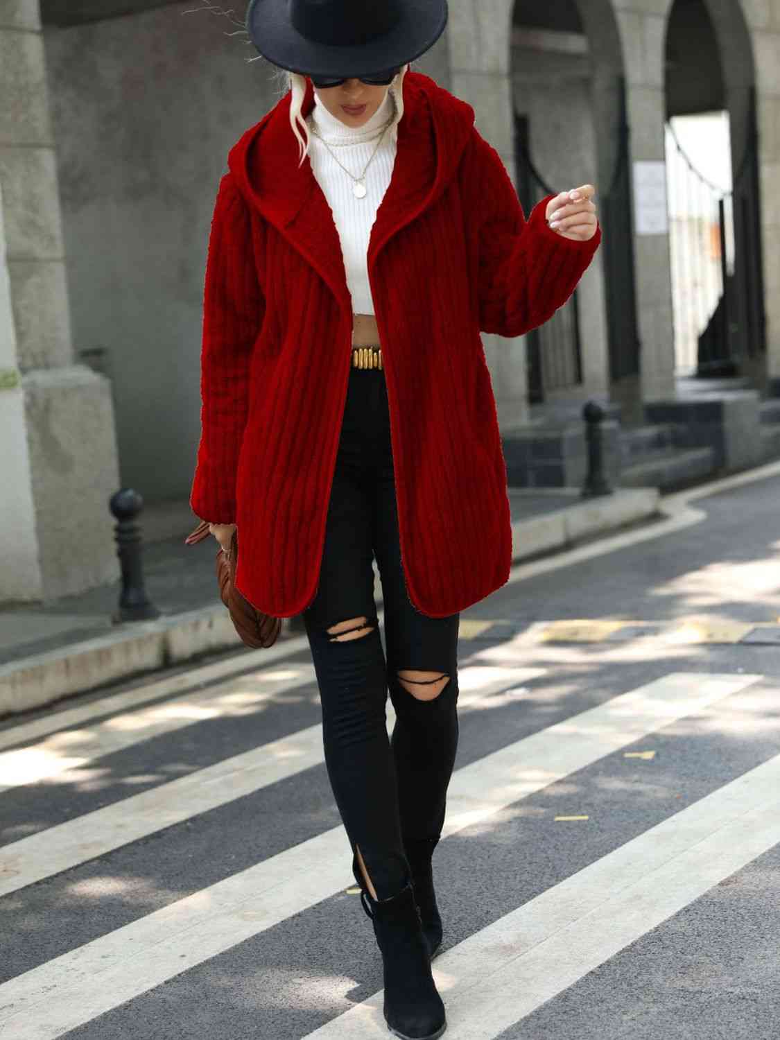 Open Front Ribbed Hooded Coat - Trendsi - Flyclothing LLC