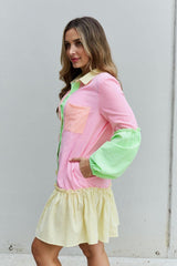 Davi & Dani Flying Colors Full Size Colorblock Long Sleeve Shirt Dress - Trendsi