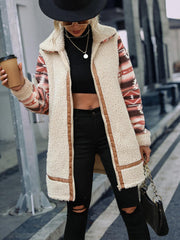 Geometric Zip-Up Collared Sherpa Jacket - Trendsi