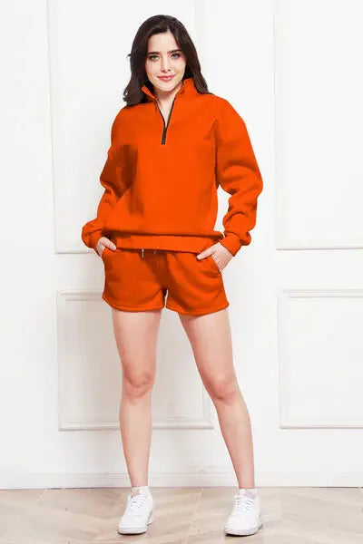 Half Zip Long Sleeve Sweatshirt and Drawstring Shorts Set - Trendsi - Flyclothing LLC