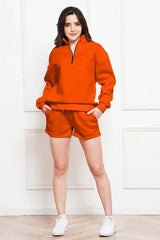 Half Zip Long Sleeve Sweatshirt and Drawstring Shorts Set - Trendsi - Flyclothing LLC