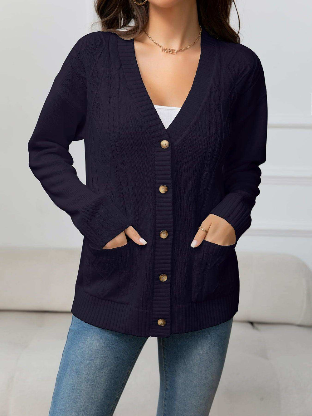 V-Neck Long Sleeve Buttoned Knit Top with Pocket - Trendsi - Flyclothing LLC