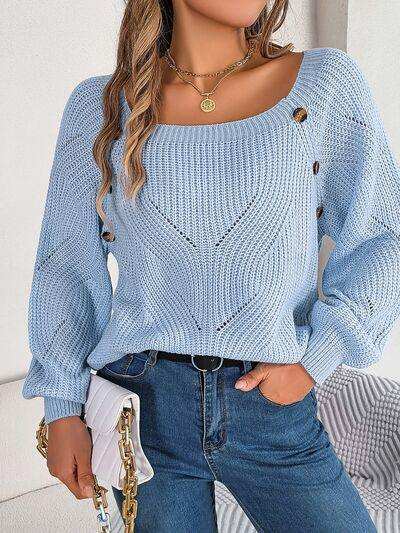 Openwork Buttoned Square Neck Sweater - Trendsi - Flyclothing LLC