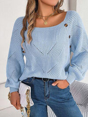 Openwork Buttoned Square Neck Sweater - Trendsi