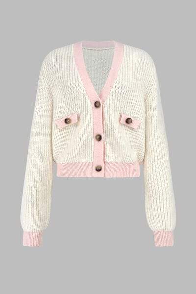 Contrast Trim Button Up Dropped Shoulder Cardigan - Trendsi - Flyclothing LLC