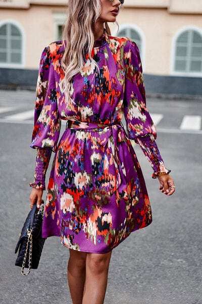 Printed Tie Waist Mock Neck Lantern Sleeve Dress - Trendsi - Flyclothing LLC