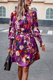 Printed Tie Waist Mock Neck Lantern Sleeve Dress - Trendsi - Flyclothing LLC