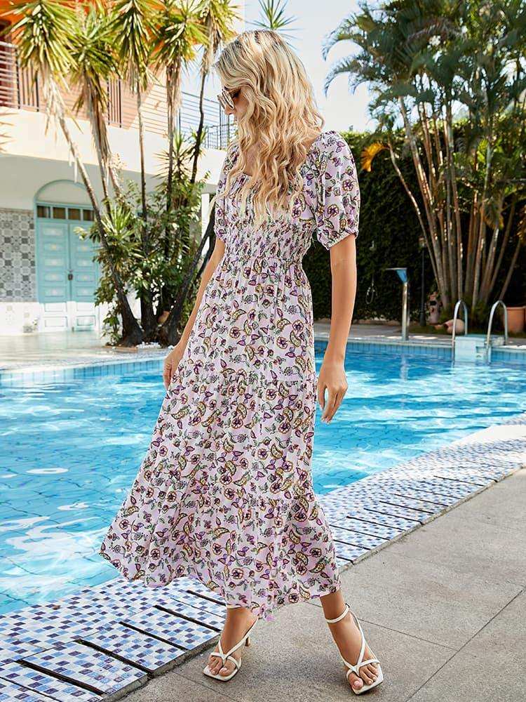 Printed Square Neck Short Sleeve Midi Dress - Trendsi - Flyclothing LLC