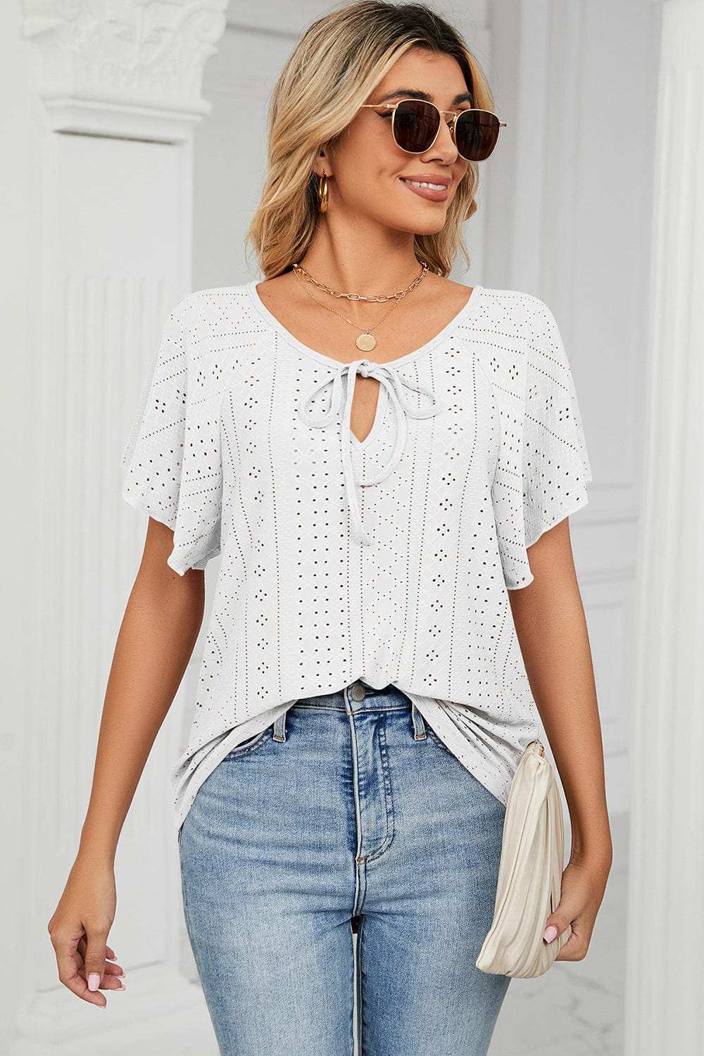 Eyelet Tie Neck Flutter Sleeve Blouse - Trendsi - Flyclothing LLC