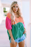 Color Block V-Neck Babydoll Blouse - Trendsi - Flyclothing LLC