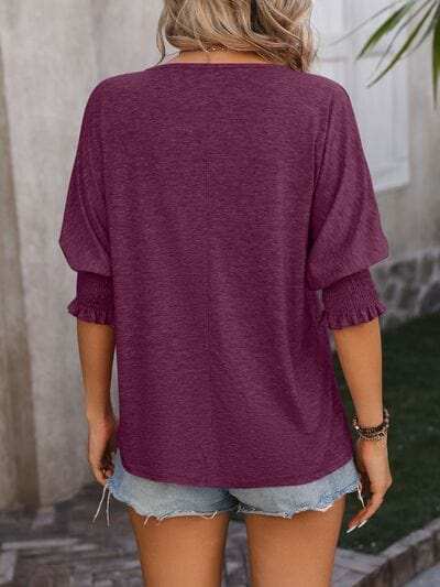 Heathered Notched Lantern Sleeve Blouse - Trendsi - Flyclothing LLC