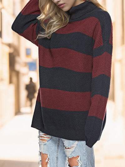 Striped Turtleneck Long Sleeve Sweater - Trendsi - Flyclothing LLC