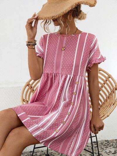 Striped Polka Dot Frill Short Sleeve Mini Dress - Trendsi - Flyclothing LLC