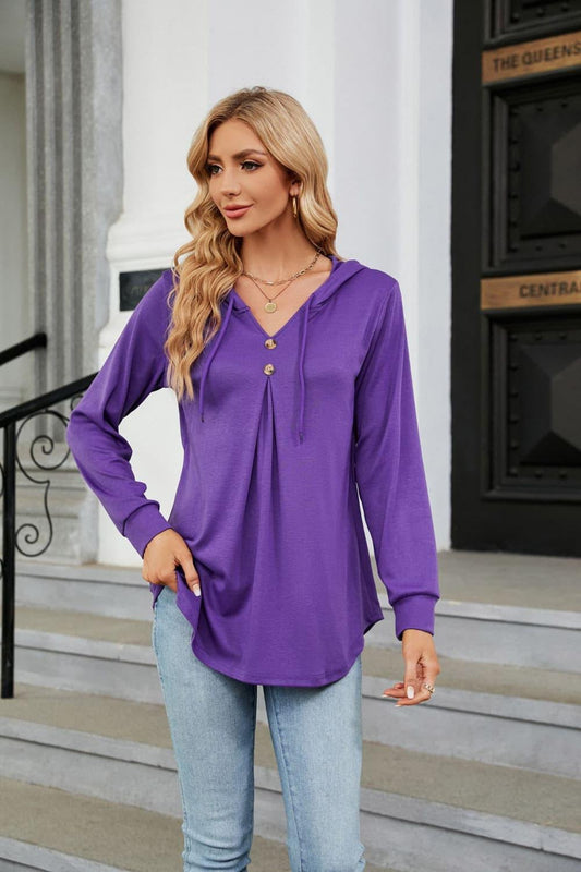 Long Sleeve Hooded Blouse - Trendsi