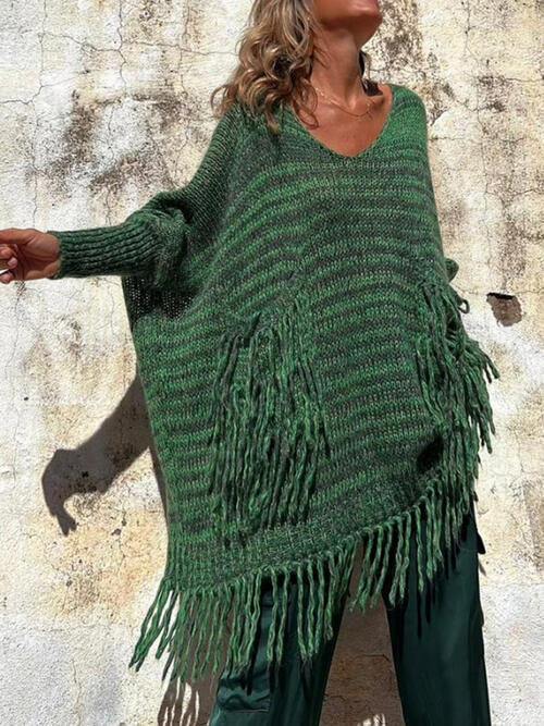 Fringe Detail Long Sleeve Sweater with Pockets - Trendsi