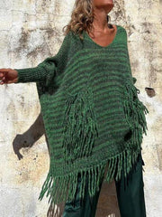 Fringe Detail Long Sleeve Sweater with Pockets - Trendsi