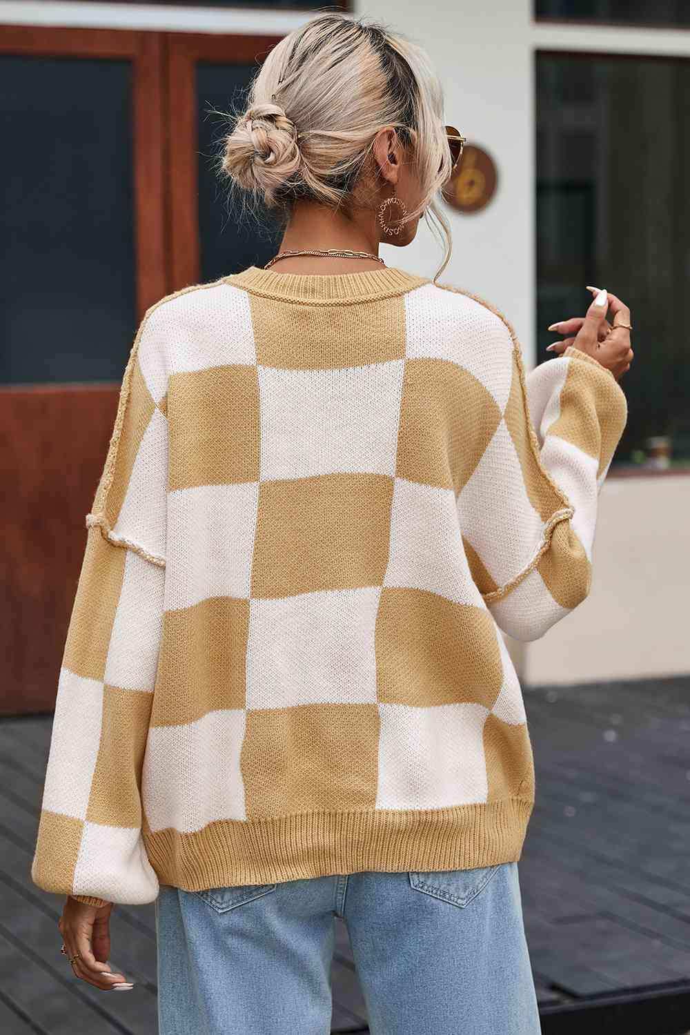 Checkered Exposed Seam Drooped Shoulder Sweater - Trendsi - Flyclothing LLC