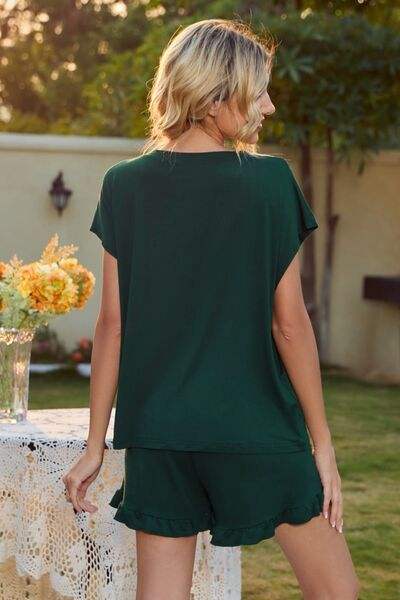 Round Neck Short Sleeve T-Shirt and Drawstring Shorts Lounge Set - Trendsi - Flyclothing LLC