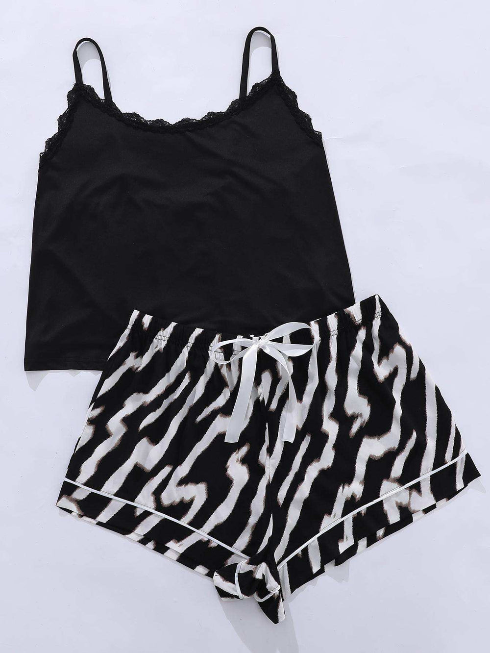 Plus Size Lace Trim Scoop Neck Cami and Printed Shorts Pajama Set - Trendsi - Flyclothing LLC