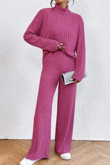 Mock Neck Dropped Shoulder Top and Pants Set - Trendsi - Flyclothing LLC