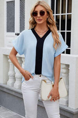 Contrast Johnny Collar Short Sleeve Blouse - Trendsi - Flyclothing LLC