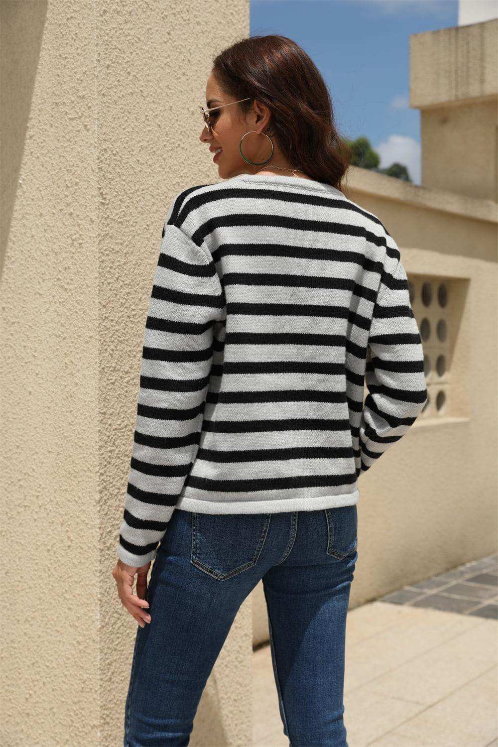 Striped Round Neck Button-Down Dropped Shoulder Cardigan - Trendsi - Flyclothing LLC