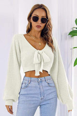 Bow V-Neck Long Sleeve Cropped Sweater - Trendsi - Flyclothing LLC