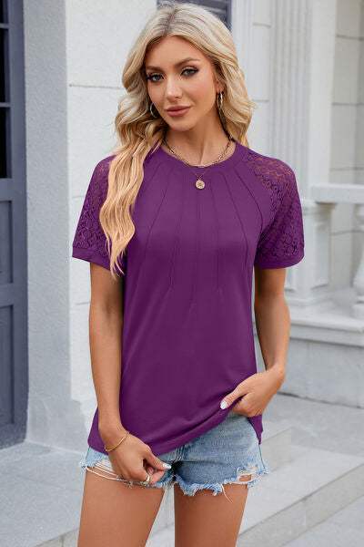 Openwork Round Neck Short Sleeve T-Shirt - Trendsi - Flyclothing LLC