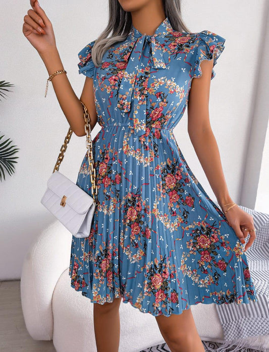 Pleated Floral Printed Tie Neck Knee Length Dress - Trendsi